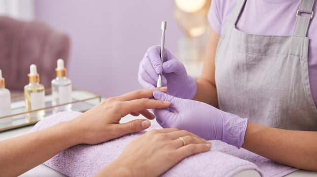 Nail Technician Using Cuticle Pusher on Customer Finger in Beauty Salon Service