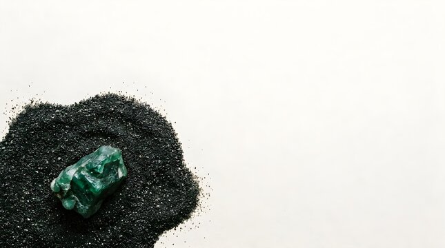 Raw emerald gemstone on black volcanic sand, unpolished green beryl crystal, natural mineral specimen on white background with copy space