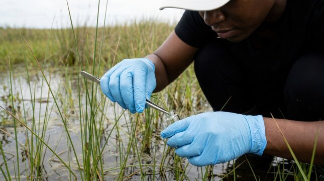 Scientist collecting samples in a wetland environment for research.