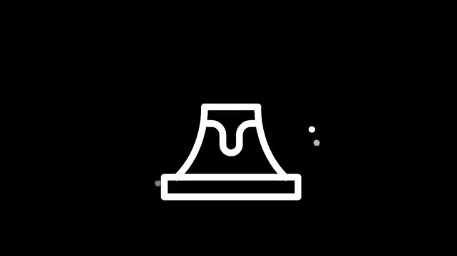 Stylized white line art icon of an erupting volcano on a black background