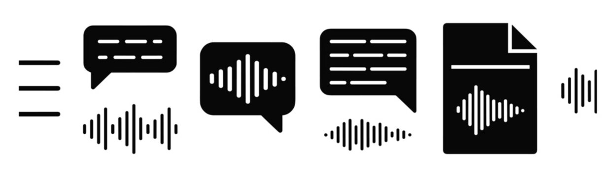 Voice Recording and Transcription Icons: A collection of minimalist black icons representing voice recording, audio waves, speech bubbles, and transcription. These icons symbolize communication.