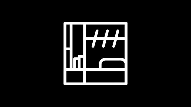 Minimalist line art icon representing a bunk bed with a wardrobe and shelves