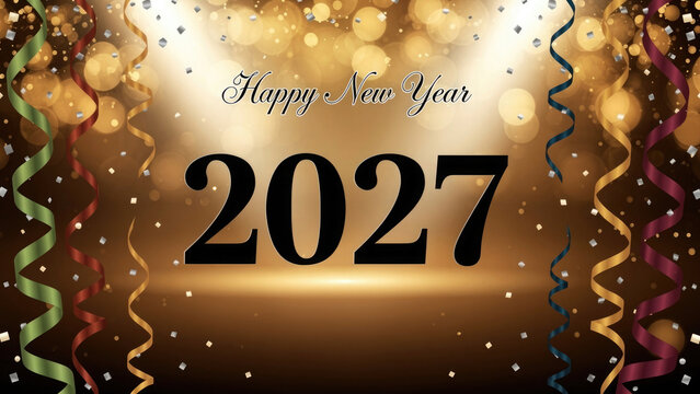 Festive Happy New Year 2027 celebration with golden confetti and colorful streamers