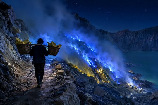 Silhouette of sulfur miner walking toward blue fire flames at Kawah Ijen volcano crater at night, East Java Indonesia