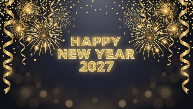 Golden fireworks and festive ribbons with happy new year 2027 text on a dark background