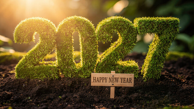 2027 covered in lush green moss and soil with happy new year sign