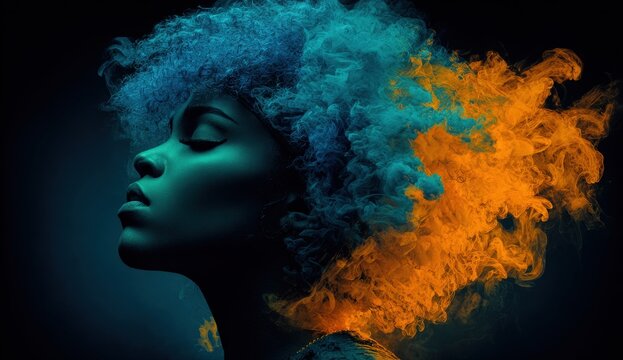 Female model with curly hair illuminated by vibrant blue and orange smoke against a dark background, showcasing a striking visual contrast and artistic expression