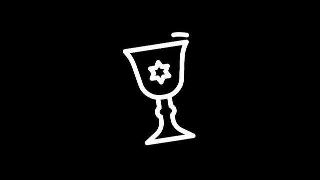 Simple white outline of a chalice with a Star of David on a black background