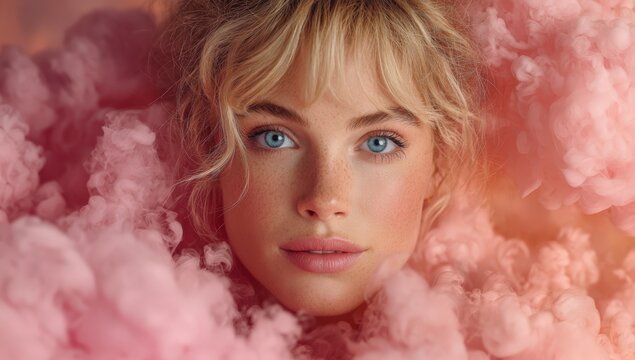 Female model with blonde hair and blue eyes surrounded by pink smoke, showcasing a dreamy and ethereal atmosphere in a soft-focus portrait