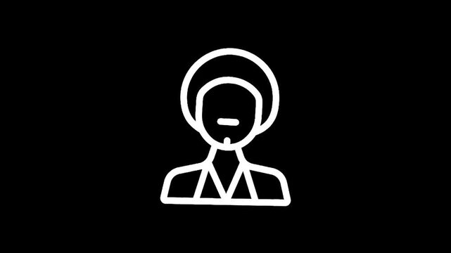 Simple line art icon of a person with an afro and a mustache on a black background