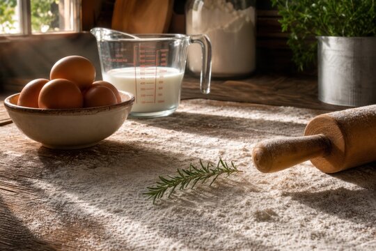 A rustic baking setup illuminated by soft, natural sunlight streaming from a nearby window.