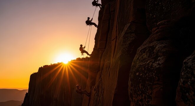 Silhouettes of climbers rappelling down a rocky cliff face at sunset, with the sun bursting through the horizon.