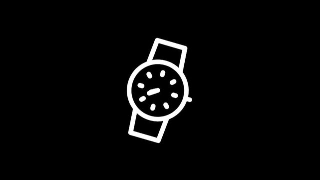 Simple white line art icon of a classic wristwatch on a black background