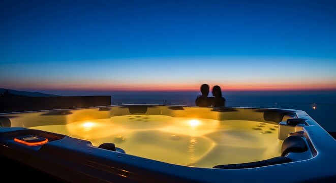 Couple Relaxing in Rooftop Jacuzzi Under Twilight Sky