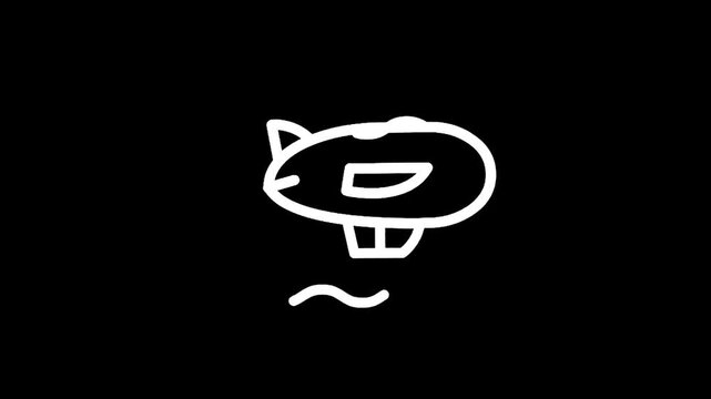 Simple white line drawing of a blimp floating above wavy water on a black background