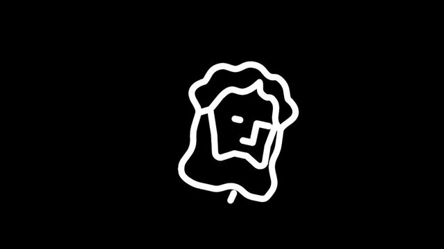 Simple white line drawing of a man's face with beard and wavy hair on black background