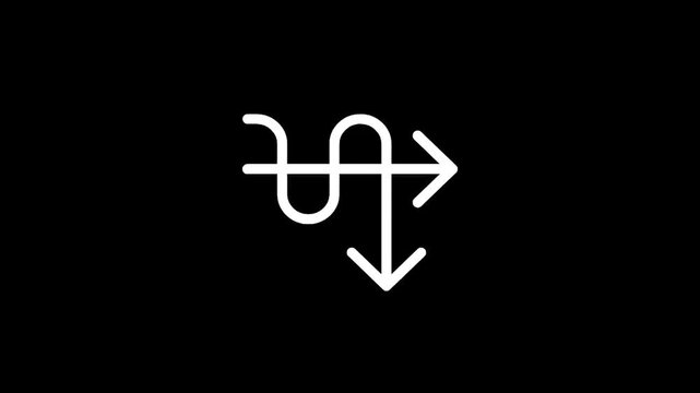White arrow symbol with a complex path and a downward direction on a black background