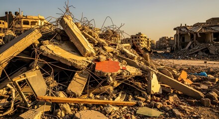 Fototapeta premium Ruined cityscape with extensive destruction, rubble and debris from collapsed buildings under a clear sky at sunset