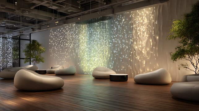 Wide view of a contemporary therapeutic space with fiber optic rain installation glowing gently, ergonomic cocoon seating pods, and interactive textured wall panels, neutral color palette with