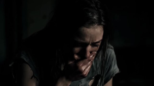 Close up of the face of a girl with a frightened expression, a sad and crying woman