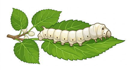 silkworm caterpillar on mulberry leaf vector illustration