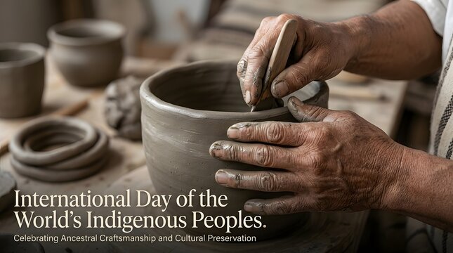 Indigenous artisan crafting clay pot by hand in traditional workshop setting