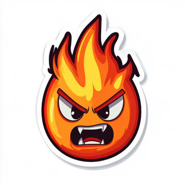This is a cartoon sticker of an anthropomorphic angry flame character, with sharp frowning eyes, bared fangs, gradient orange-yellow flame shape, outlined with a white sticker border