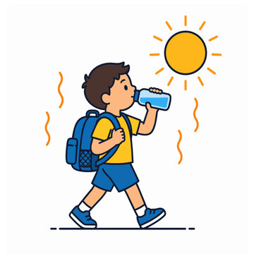 Elementary school student walking with a backpack while drinking water under extreme summer heat. Ideal for school health, weather and climate awareness projects.