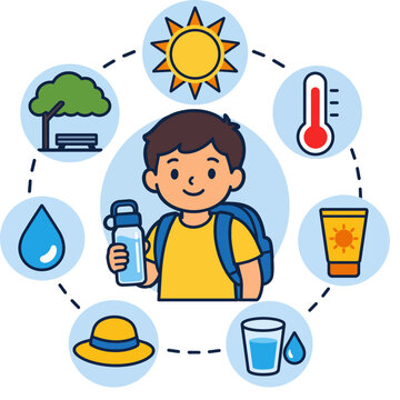 Heat safety infographic for school children showing hydration, sunscreen, shade, hat and thermometer symbols. Ideal for education, health and school awareness materials.