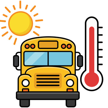Simple school bus icon with blazing sun and thermometer representing extreme heat and student transportation safety.