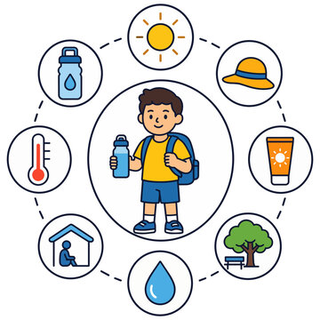 Heat safety infographic for school children showing hydration, sunscreen, shade, hat and thermometer symbols. Ideal for education, health and school awareness materials.