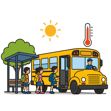 Students waiting in the shade and boarding a school bus safely during extreme summer heat.
