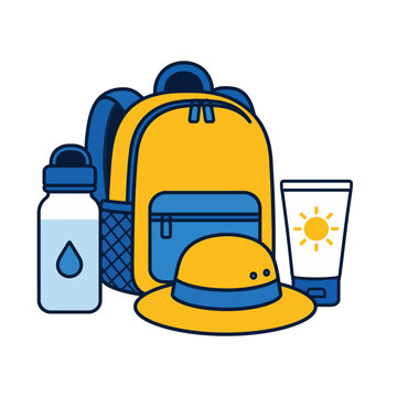 Simple icon showing a backpack, water bottle, hat and sunscreen for preparing children for hot school days.