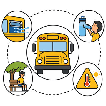 Infographic showing school bus ventilation, hydration, shade and heat warning tips for safe student transportation.