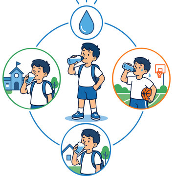 Educational infographic promoting regular water intake before, during and after school activities in hot weather.