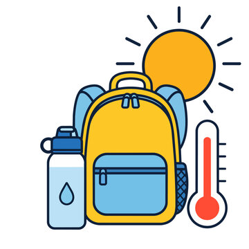 Minimal vector icon featuring a school backpack, water bottle, thermometer and blazing sun to represent student heat safety during hot weather and back-to-school season.