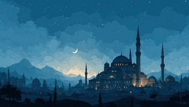 Nighttime skyline of a historic mosque with minarets and domes silhouetted against a starry sky and crescent moon, surrounded by mountains in the background