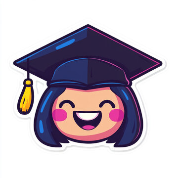 This image features a cheerful cartoon character of a girl wearing a graduation cap with a yellow tassel. She has a wide, joyful smile, rosy cheeks, and closed eyes, conveying a sense of happiness 