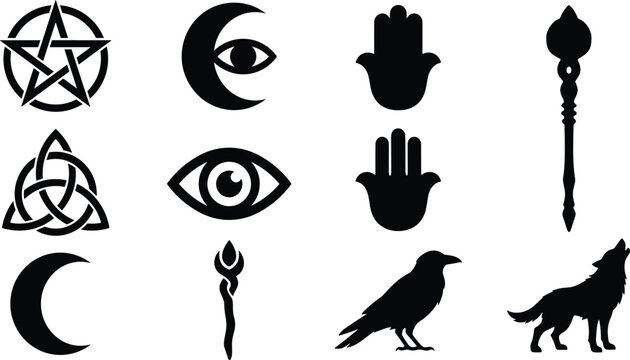 Mystical and occult black symbols set including pentagram triquetra all seeing eye hamsa hand wand raven and howling wolfPrint