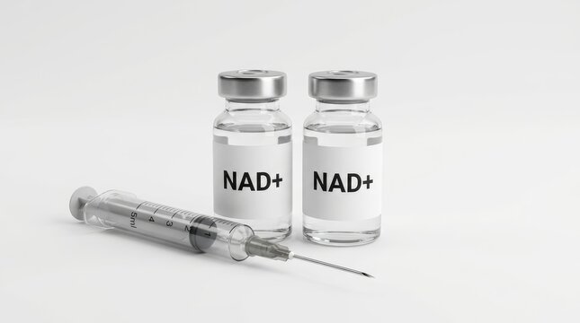 Two vials labeled NAD and a syringe on a white background.