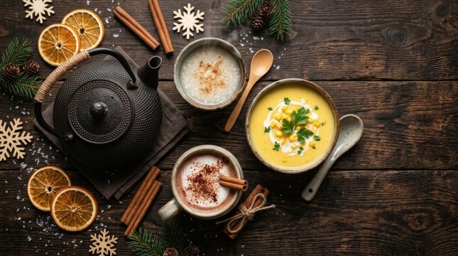 Top view flat lay composition of cozy winter comfort food tablescape featuring hot soup bowl and hot cocoa mug