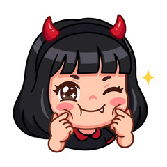 Cute little devil girl sticker with black hair, red horns, and a mischievous winking expression, kawaii anime character vector illustration