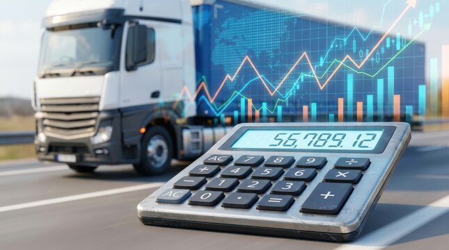 Trucking industry financial analysis with calculator and stock market graph.