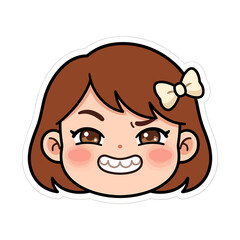 Cute Cartoon Girl with Brown Hair and Bow Sticker with Mischievous Expression and Rosy Cheeks for Digital Design and Planner Decor