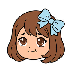 Cute Chibi Anime Girl Face with Brown Hair and Blue Bow Showing a Worried and Sad Expression