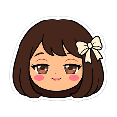 Cute chibi anime girl face with brown hair and a white bow, adorable cartoon female character head illustration for stickers and avatars