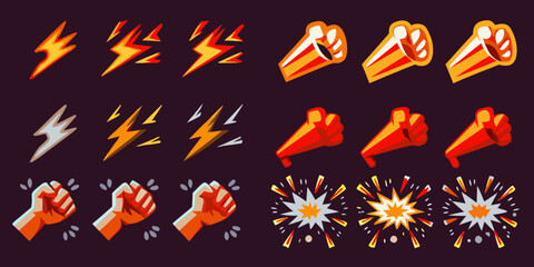 Comic Style Action Effects Lightning Bolts Megaphones Fists And Explosions © Subarna