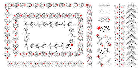 Leaf and berry branch patterns grayscale and red vector illustration © Subarna
