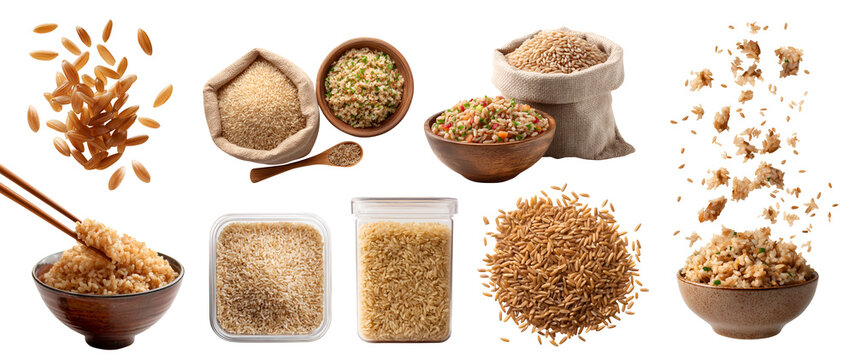 Set of whole grain brown rice staple crop, burlap gunny sack with fried rice, airtight container, chopstick, fly pile stack cooked raw, transparent cutout PNG mockup