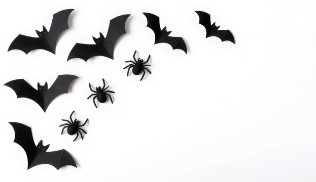 A collection of black paper cutout bats and spiders arranged on a white background for a festive halloween holiday decoration